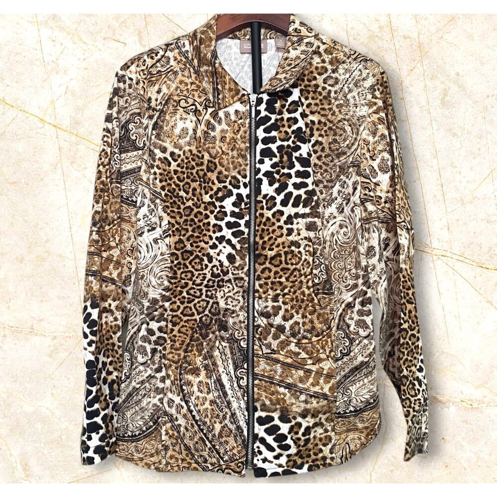 Chicos Leopard‎ Print Lightweight Zip Jacket Size 3 Paisley Mix Design Womens